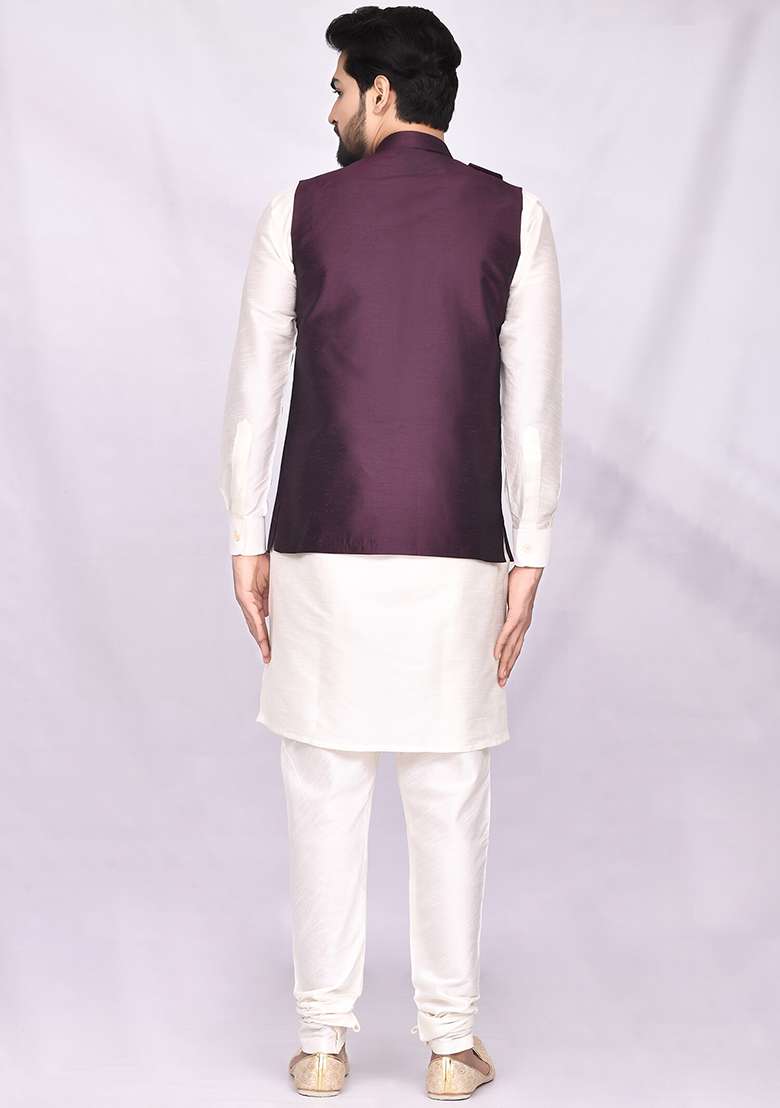 Cream Solid Silk Blend Nehru Jacket Set For Men - Indya