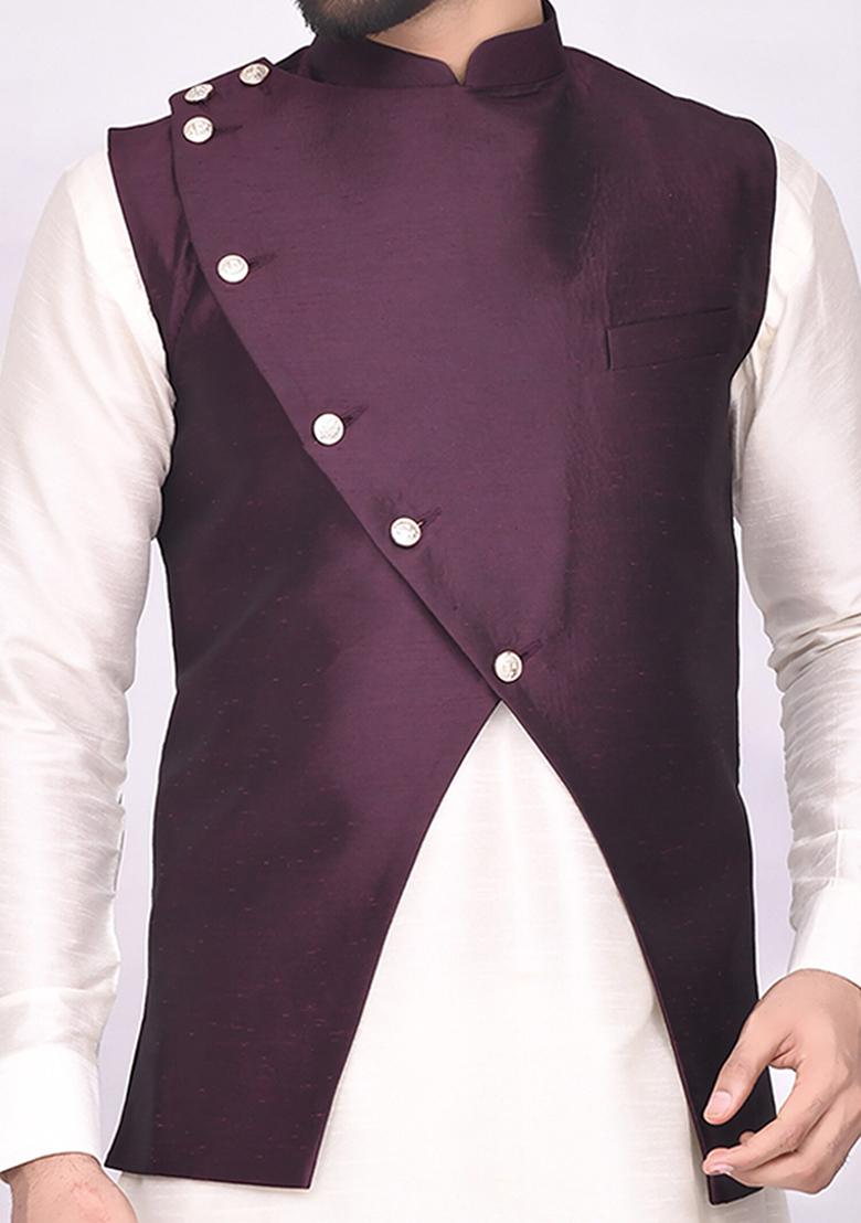 Cream Solid Silk Nehru Jacket Set For Men