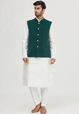 White Solid Silk Nehru Jacket Set For Men