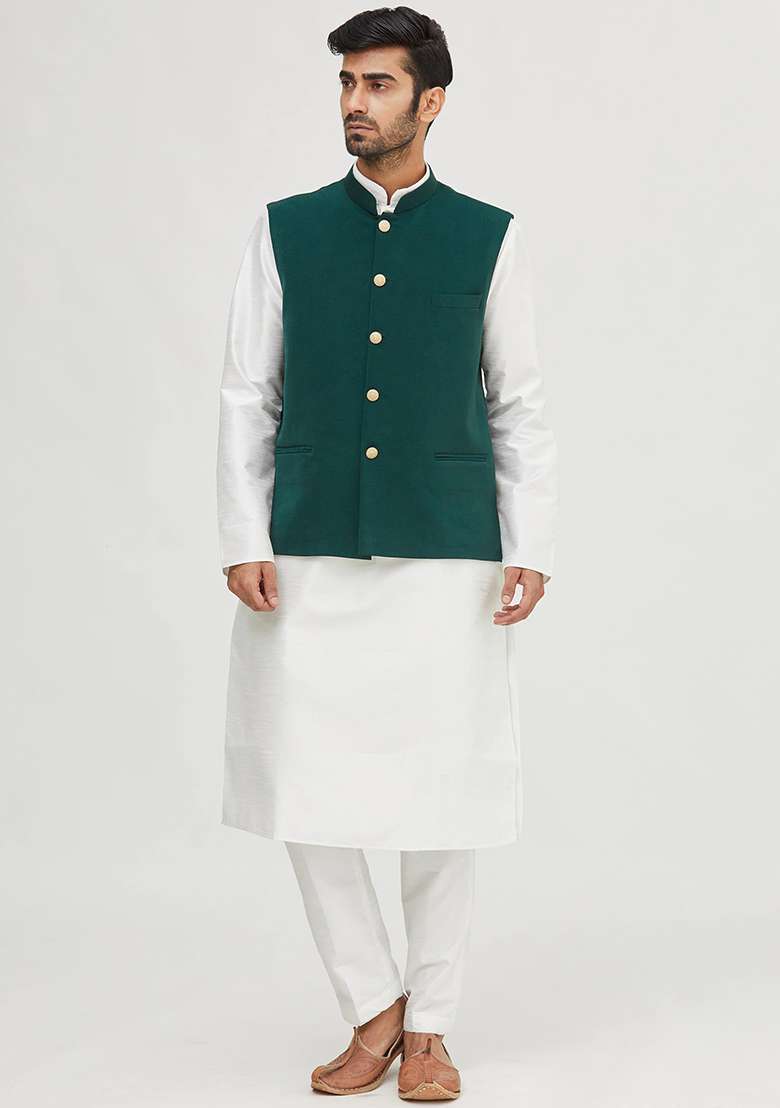 White Solid Silk Blend Nehru Jacket Set For Men - Indya