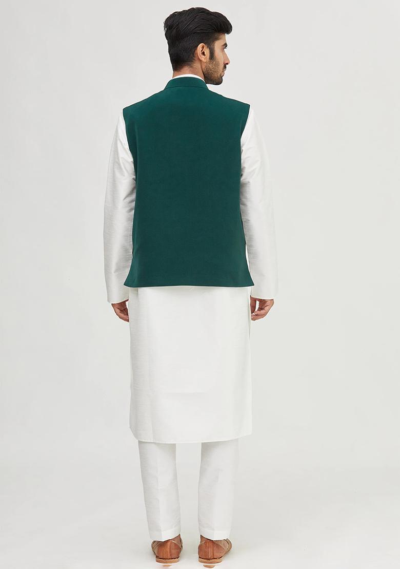 White Solid Silk Nehru Jacket Set For Men