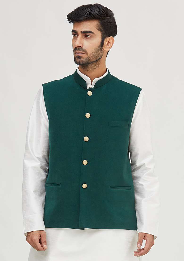 White Solid Silk Blend Nehru Jacket Set For Men - Indya