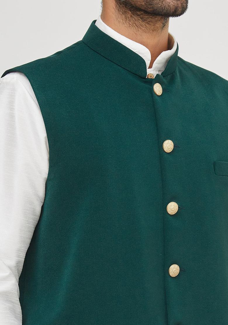 White Solid Silk Nehru Jacket Set For Men