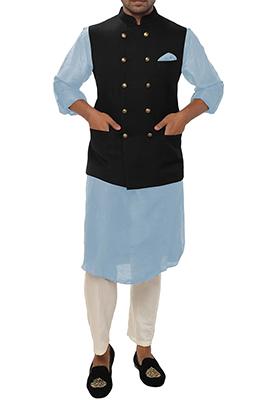 Sky Blue Solid Silk Nehru Jacket Set For Men