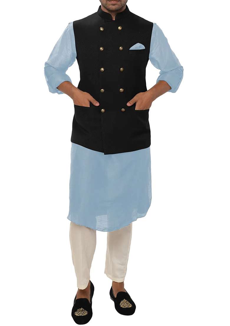 Sky Blue Solid Silk Blend Nehru Jacket Set For Men - Indya