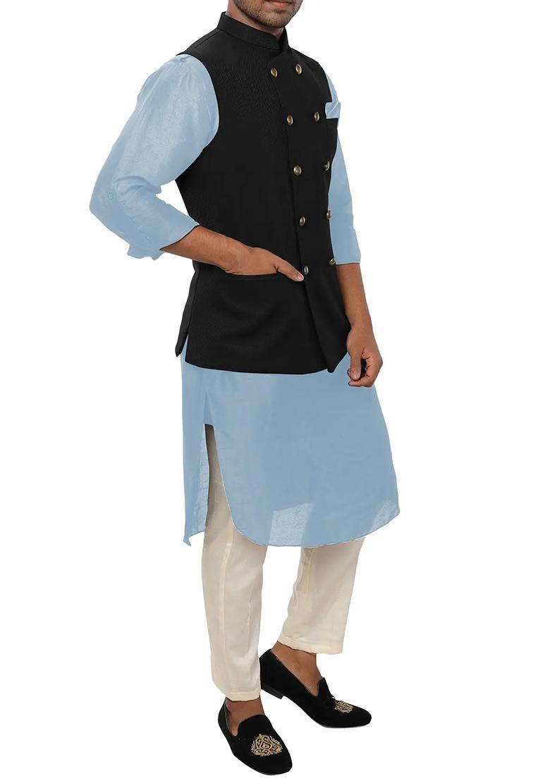 Sky Blue Solid Silk Nehru Jacket Set For Men