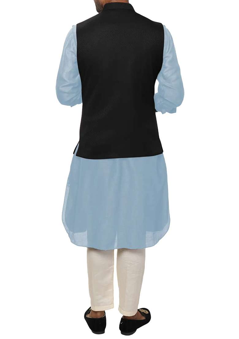 Sky Blue Solid Silk Blend Nehru Jacket Set For Men - Indya