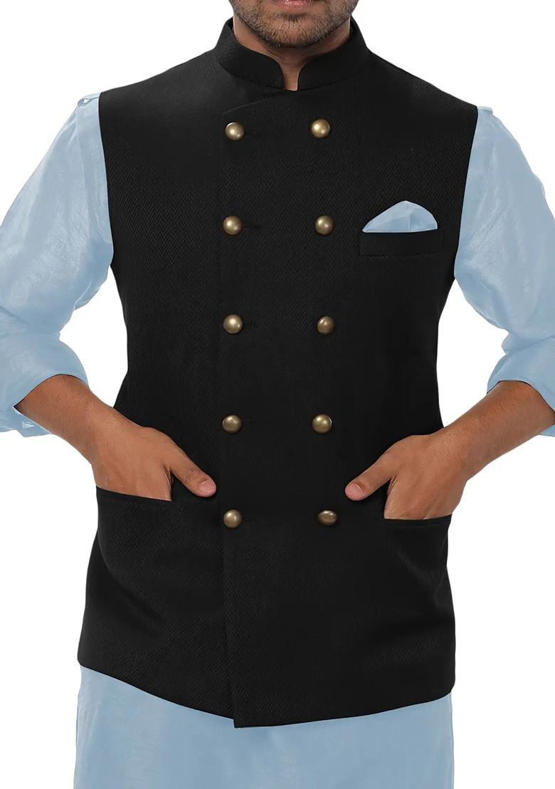 Sky Blue Solid Silk Nehru Jacket Set For Men