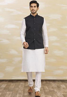 White Solid Silk Nehru Jacket Set For Men
