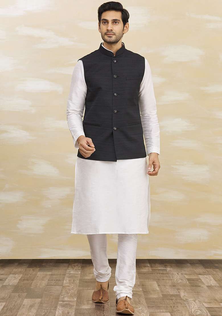White Solid Silk Blend Nehru Jacket Set For Men - Indya