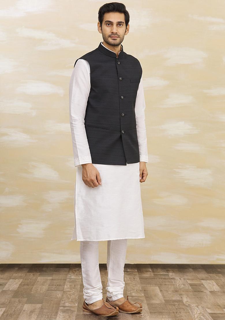 White Solid Silk Nehru Jacket Set For Men