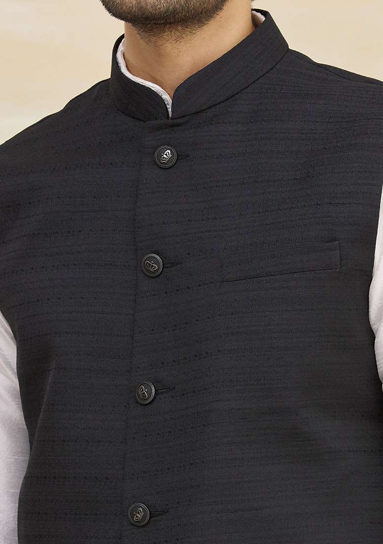 White Solid Silk Blend Nehru Jacket Set For Men - Indya