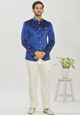Blue Solid Cotton Bandhgala For Men