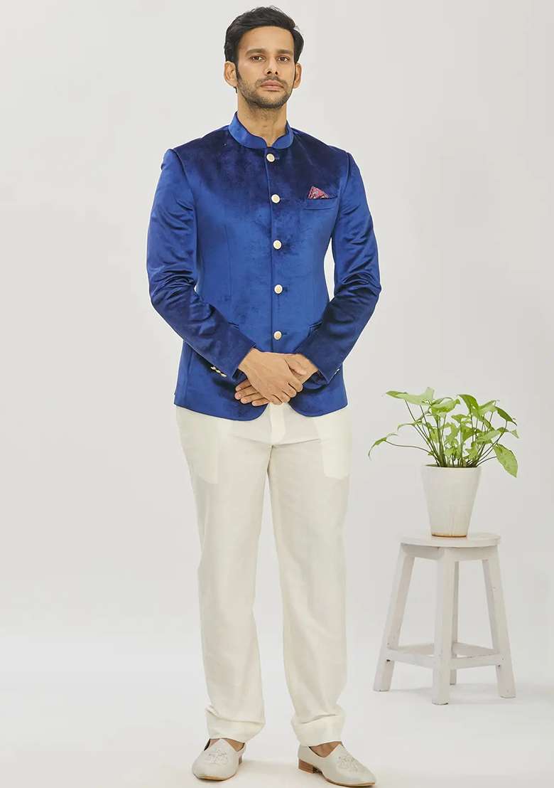 Blue Solid Cotton Bandhgala For Men - Indya