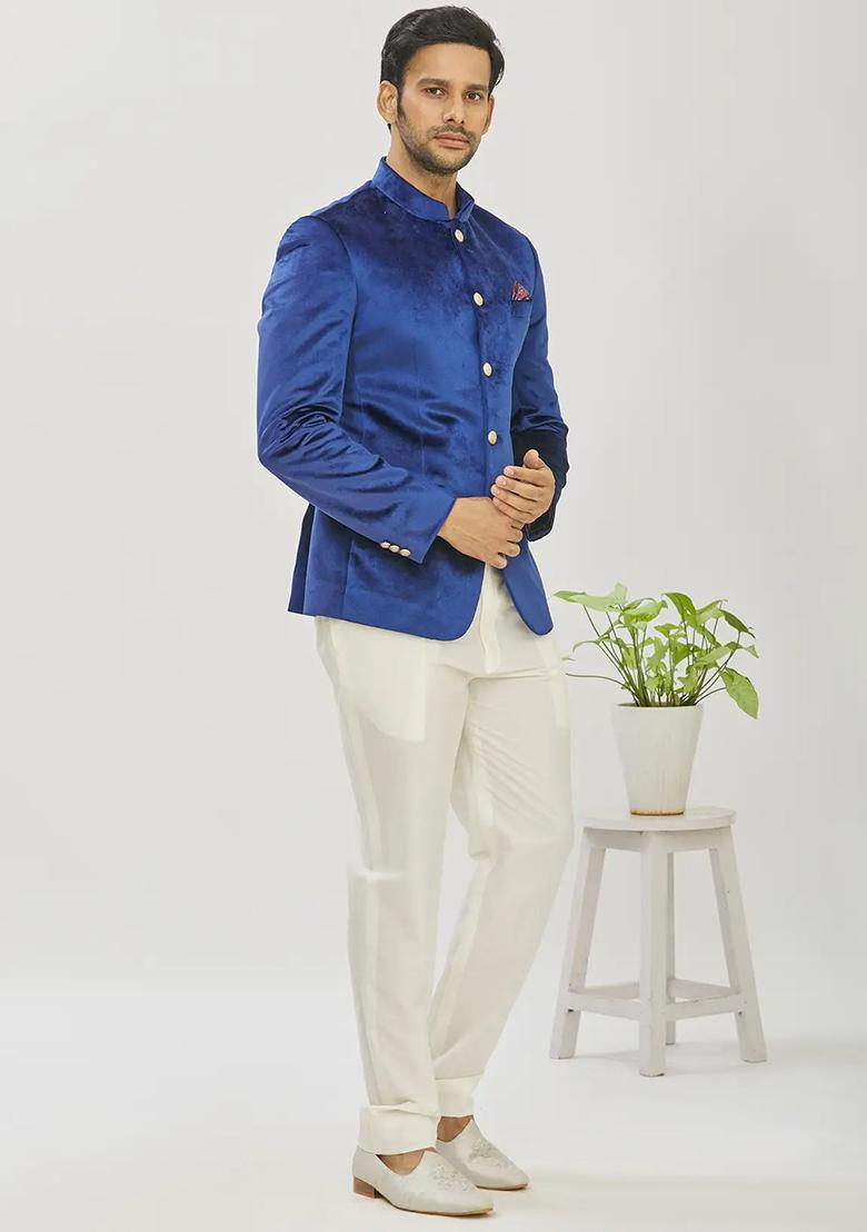 Blue Solid Cotton Bandhgala For Men