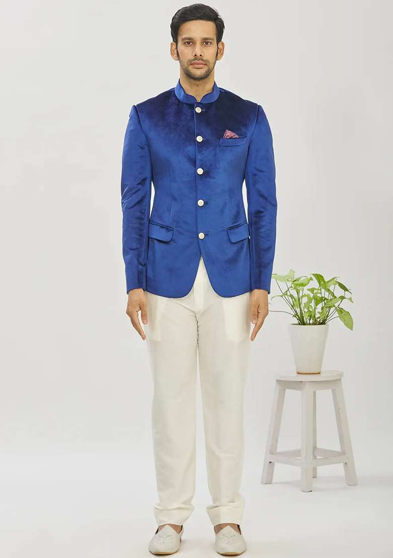 Blue Solid Cotton Bandhgala For Men - Indya