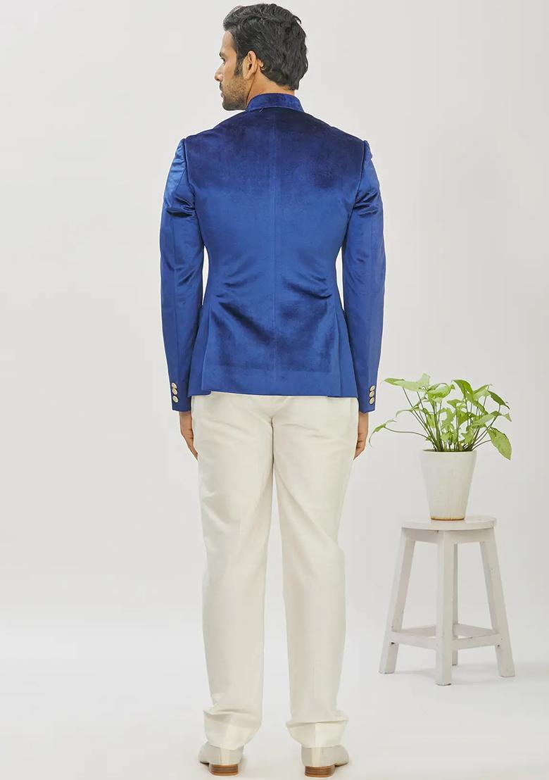 Blue Solid Cotton Bandhgala For Men