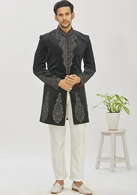 Black Embroidered Cotton Bandhgala For Men