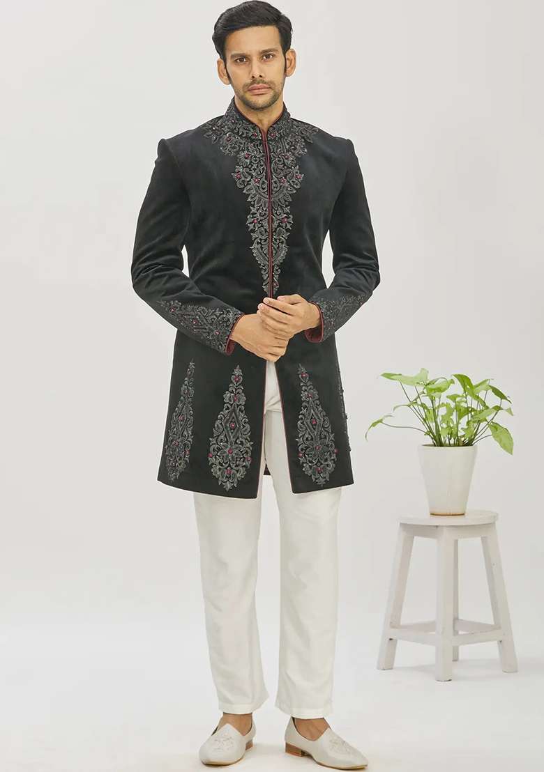 Black Embroidered Cotton Bandhgala For Men - Indya