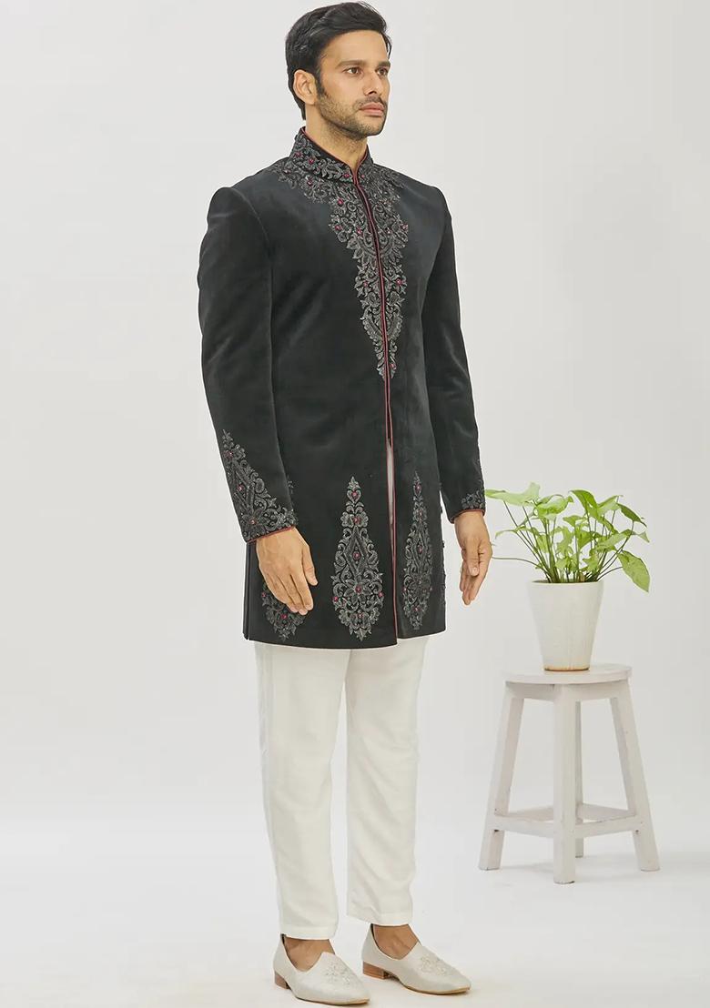 Black Embroidered Cotton Bandhgala For Men