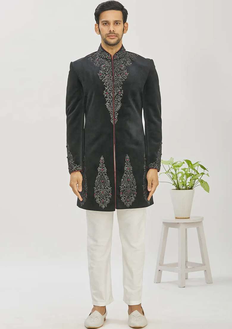 Black Embroidered Cotton Bandhgala For Men - Indya