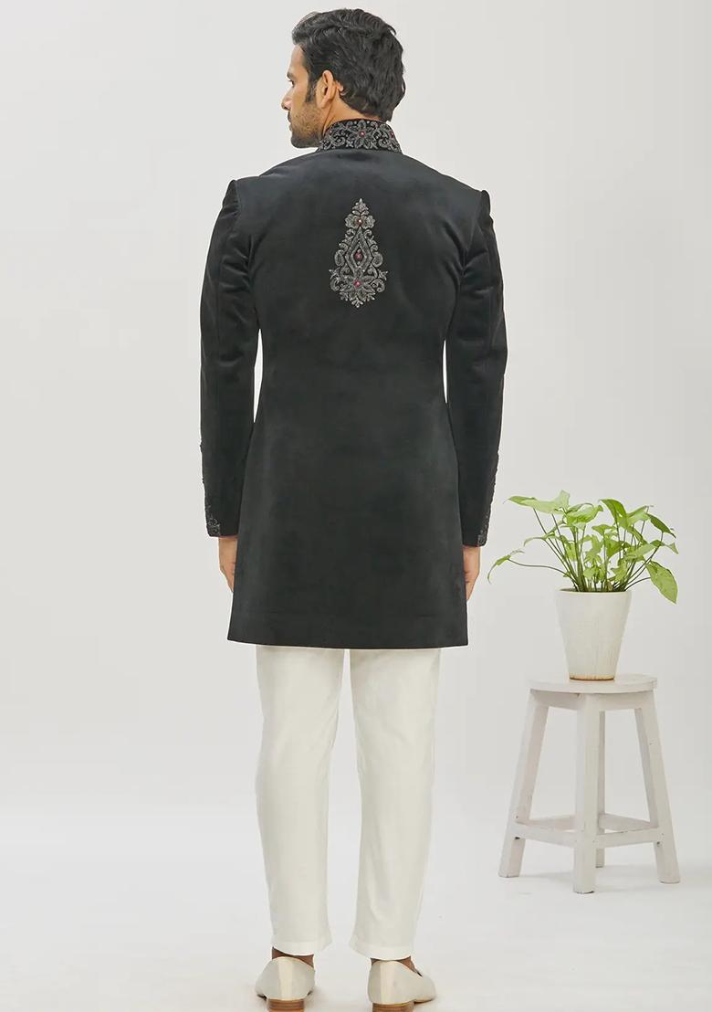 Black Embroidered Cotton Bandhgala For Men