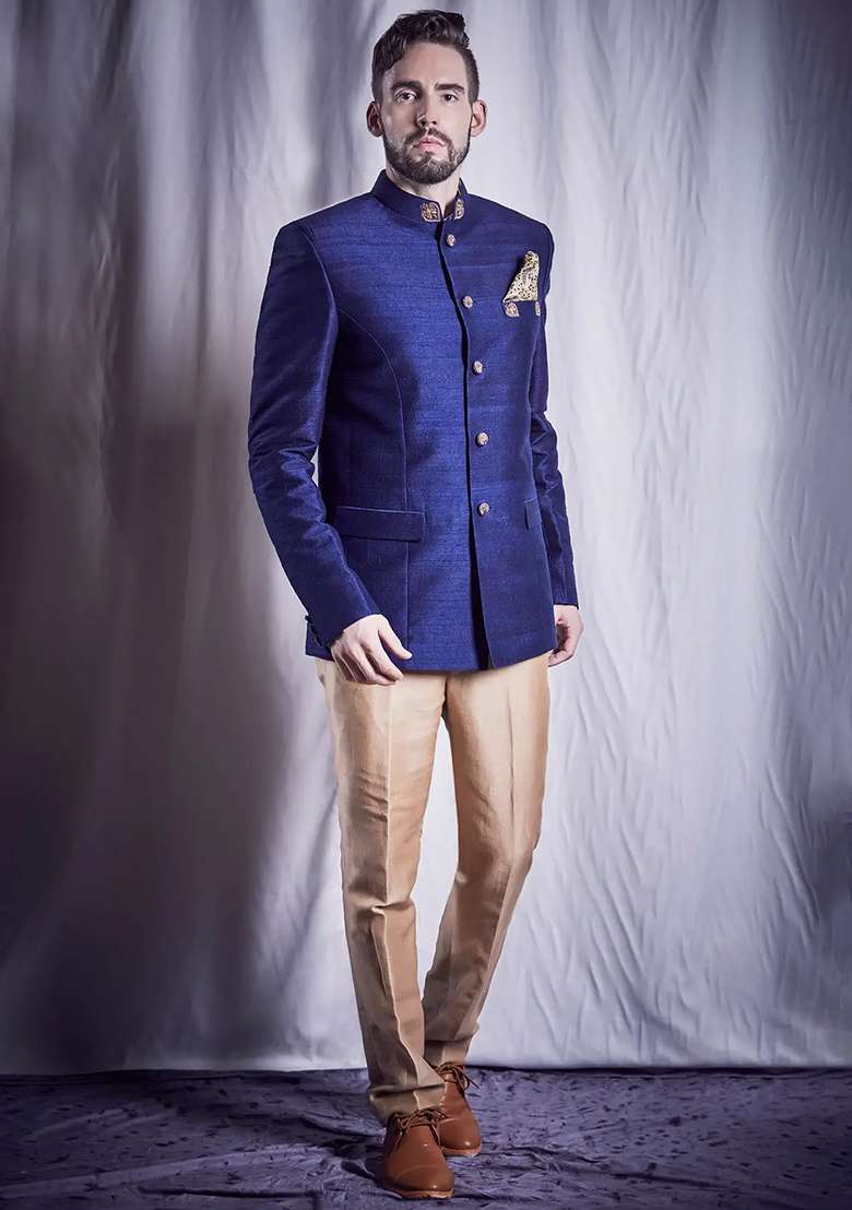 Blue Embroidered Cotton Bandhgala For Men - Indya