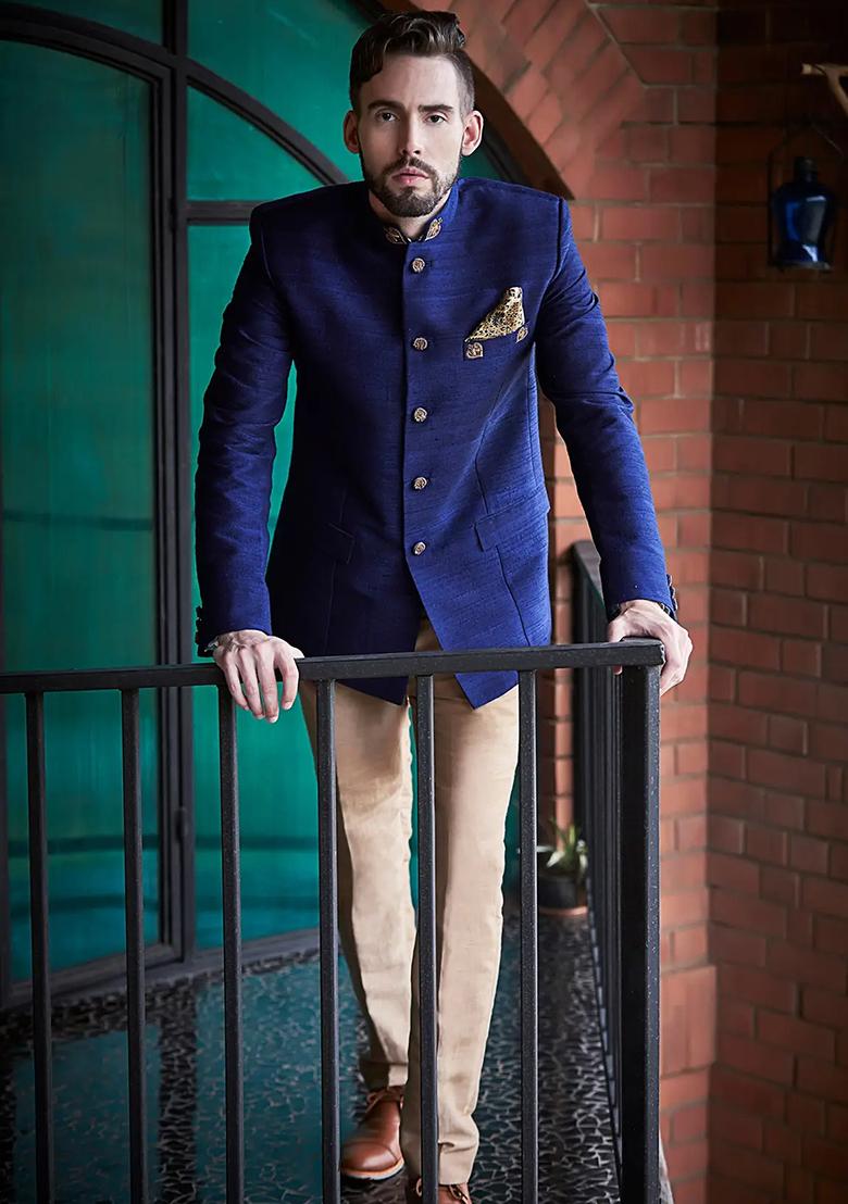 Blue Embroidered Cotton Bandhgala For Men