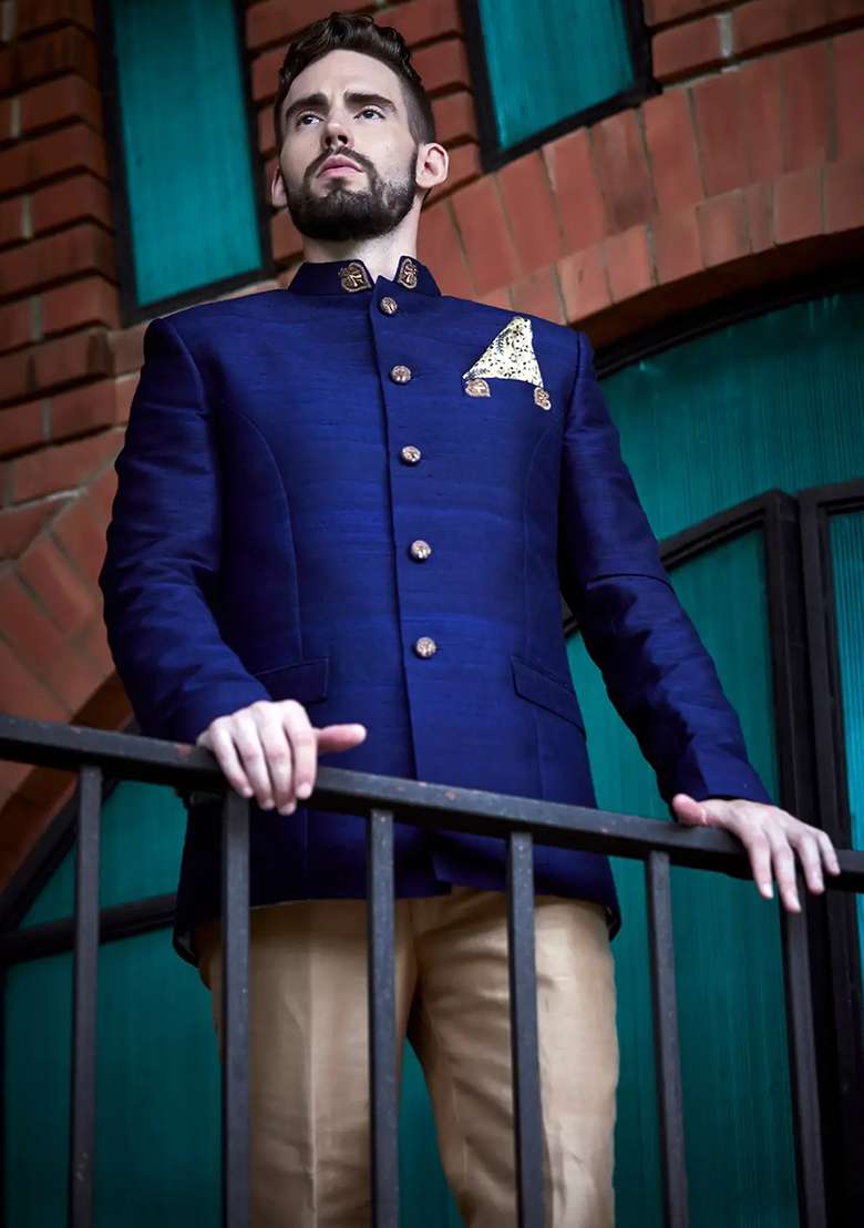 Blue Embroidered Cotton Bandhgala For Men - Indya