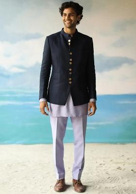 Sky Blue Solid Cotton Bandhgala For Men