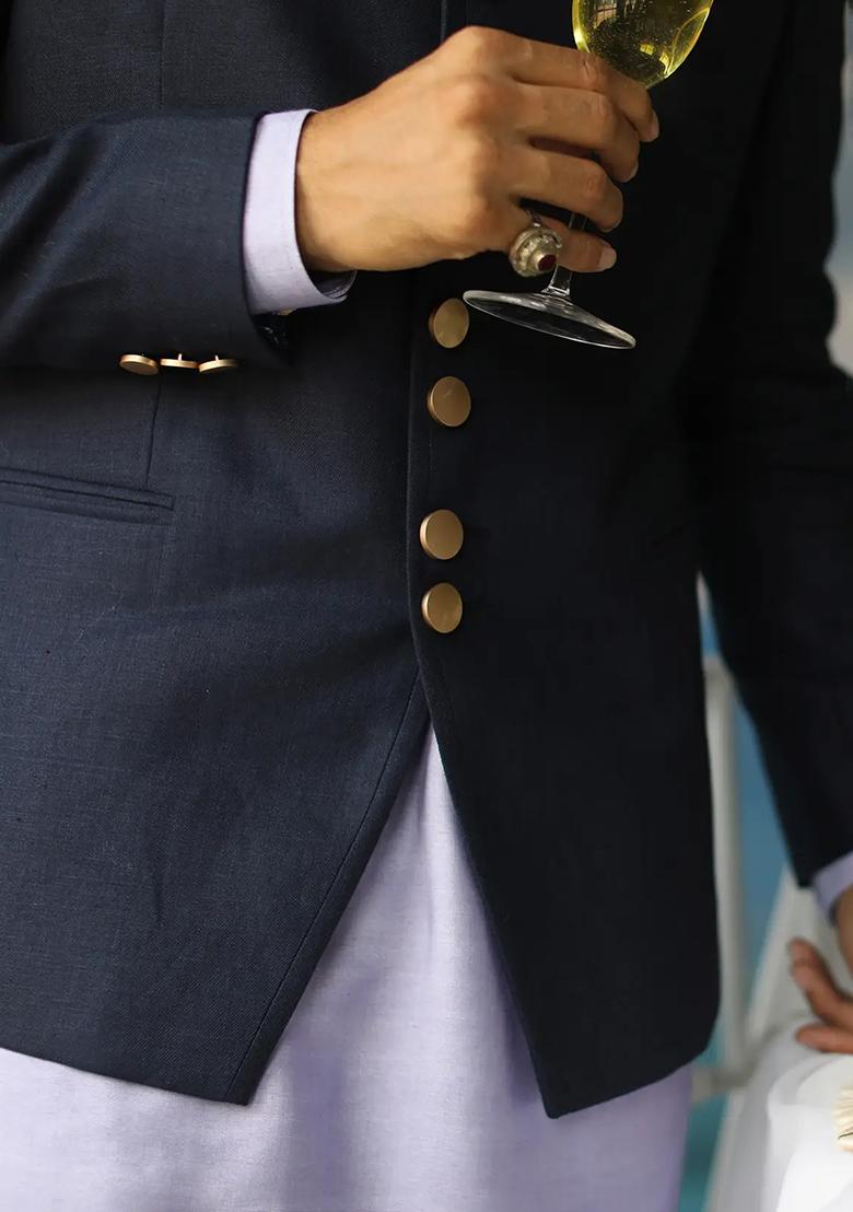 Sky Blue Solid Cotton Bandhgala For Men