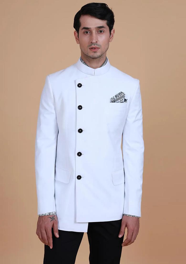 White Solid Cotton Bandhgala For Men