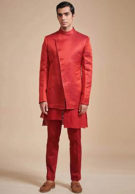 Carrot Red Solid Poly Blend Nehru Jacket Set For Men