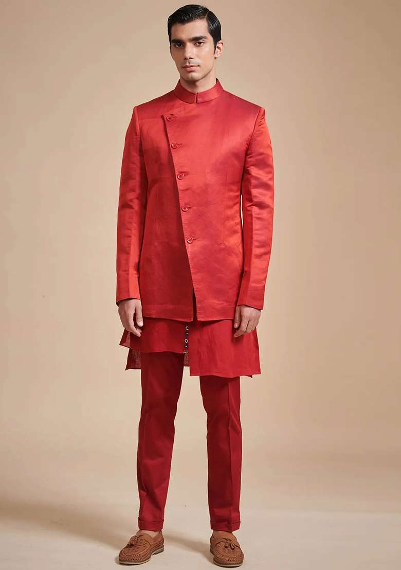 Carrot Red Solid Poly Blend Nehru Jacket Set For Men - Indya