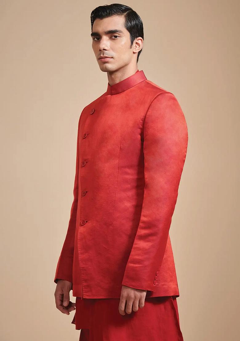Carrot Red Solid Poly Blend Nehru Jacket Set For Men