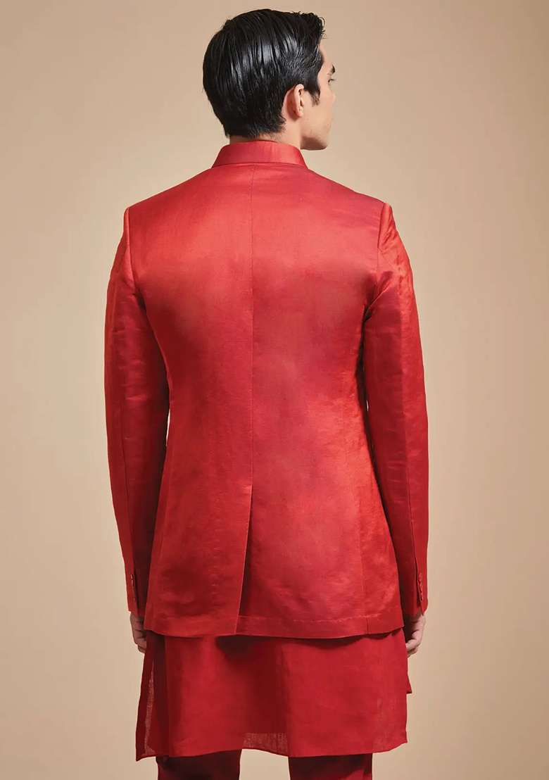 Carrot Red Solid Poly Blend Nehru Jacket Set For Men - Indya