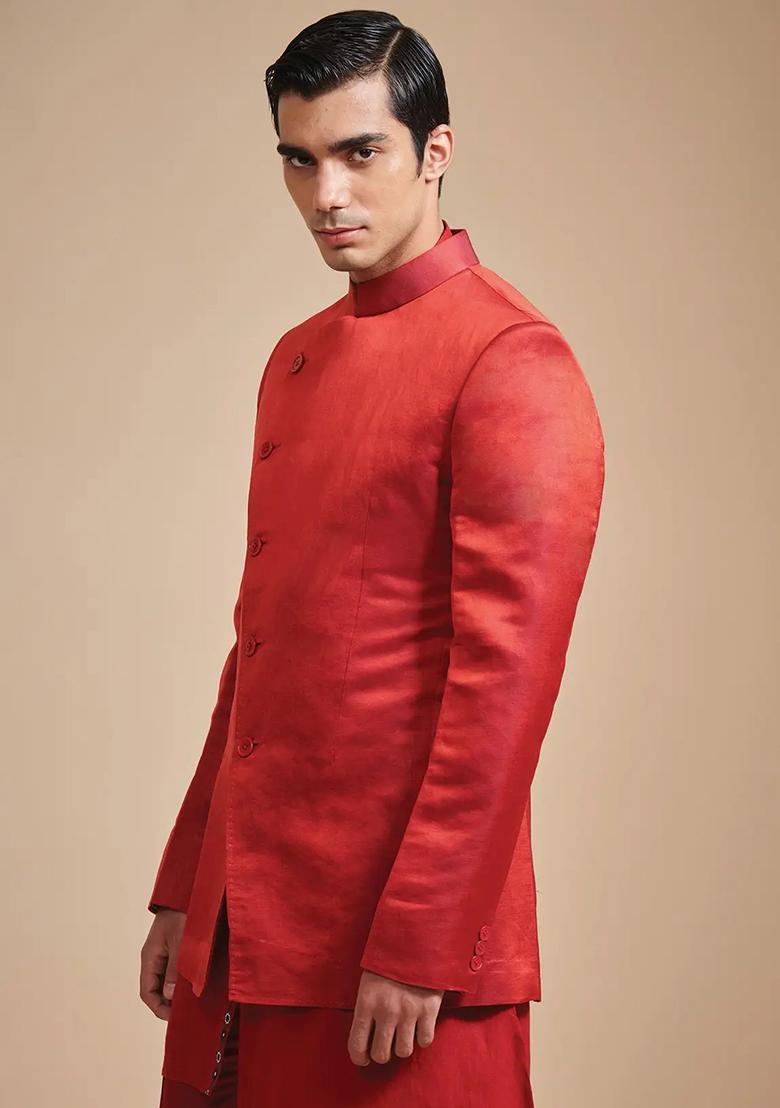 Carrot Red Solid Poly Blend Nehru Jacket Set For Men