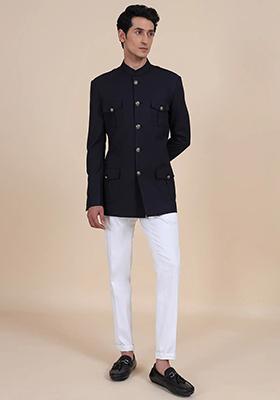 Black Solid Cotton Bandhgala For Men