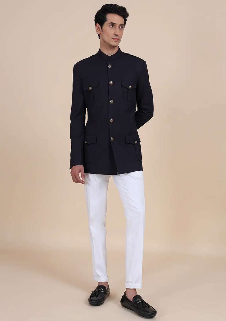 Black Solid Cotton Bandhgala For Men - Indya