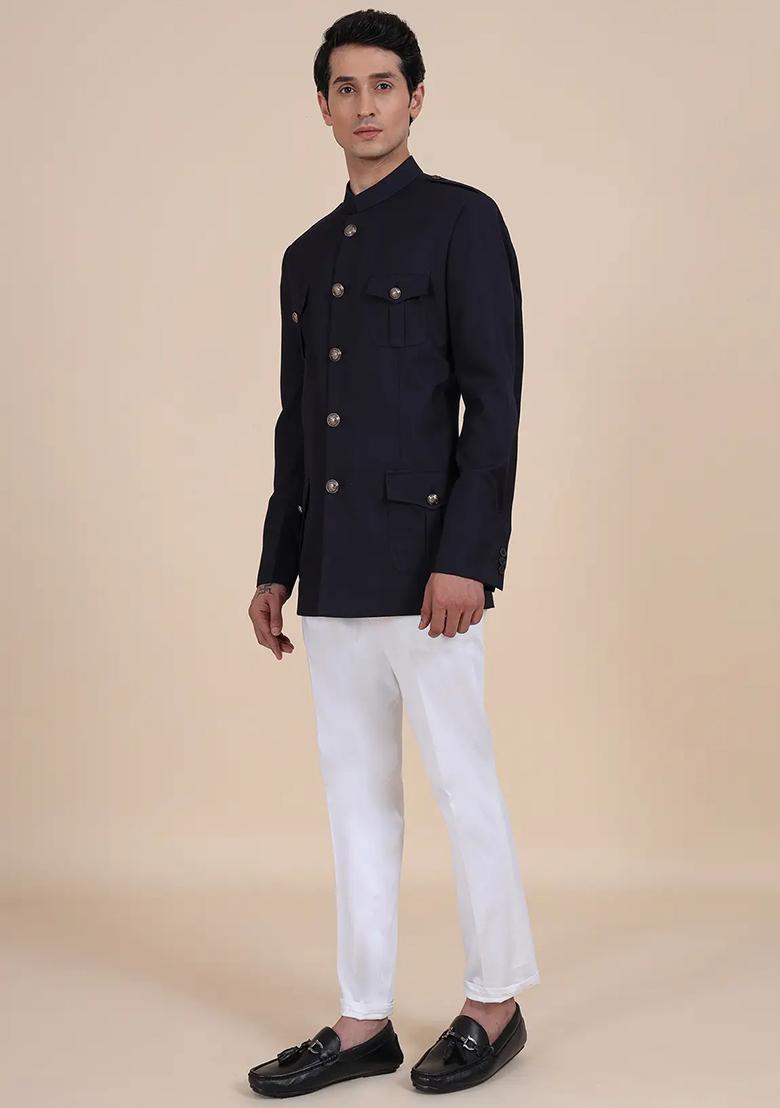 Black Solid Cotton Bandhgala For Men