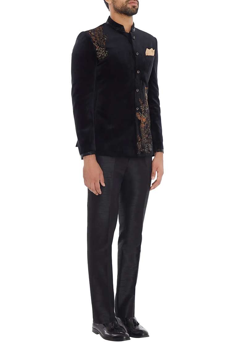 Black Embroidered Cotton Bandhgala For Men - Indya