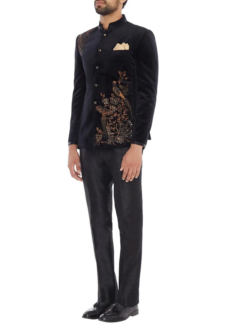 Black Embroidered Cotton Bandhgala For Men