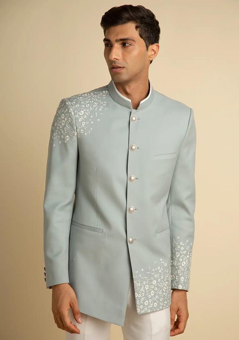 Pista Green Embroidered Cotton Bandhgala For Men