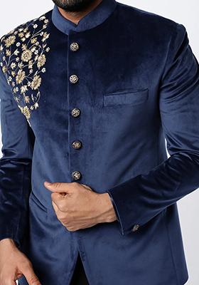 Blue Embroidered Cotton Bandhgala For Men