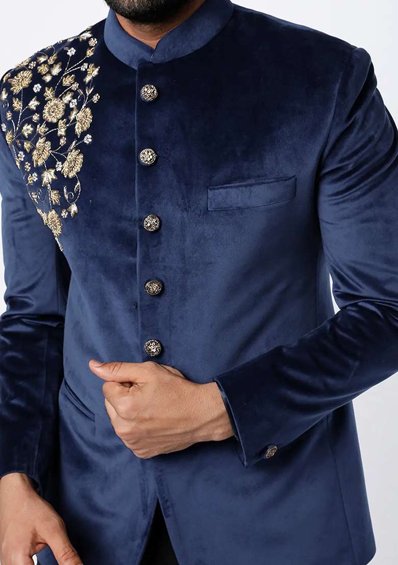 Blue Embroidered Cotton Bandhgala For Men - Indya