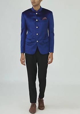 Blue Solid Cotton Bandhgala For Men