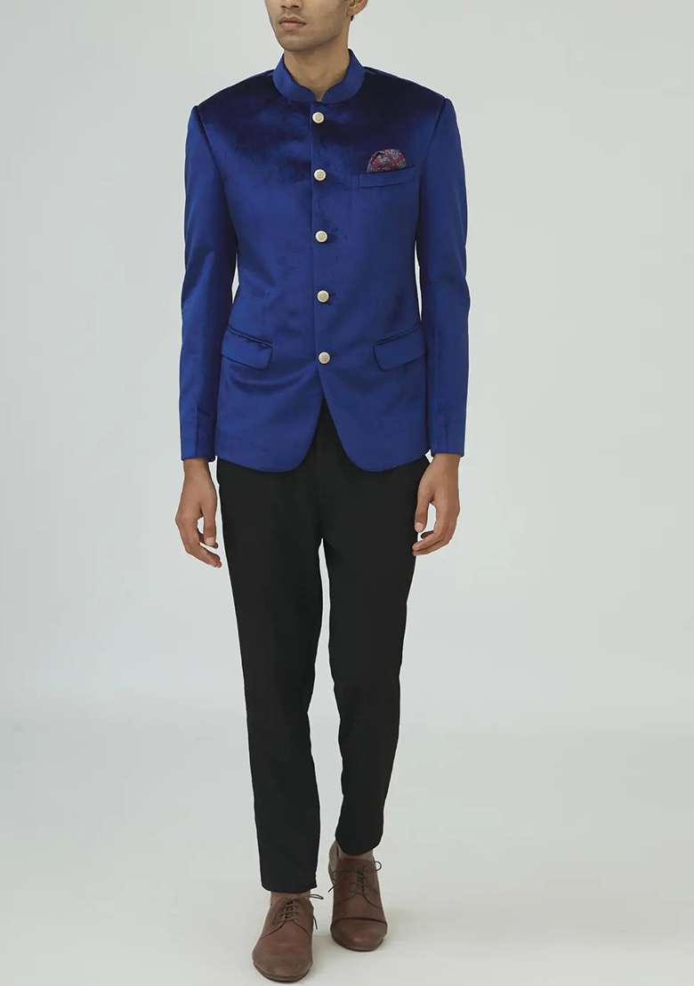 Blue Solid Cotton Bandhgala For Men - Indya