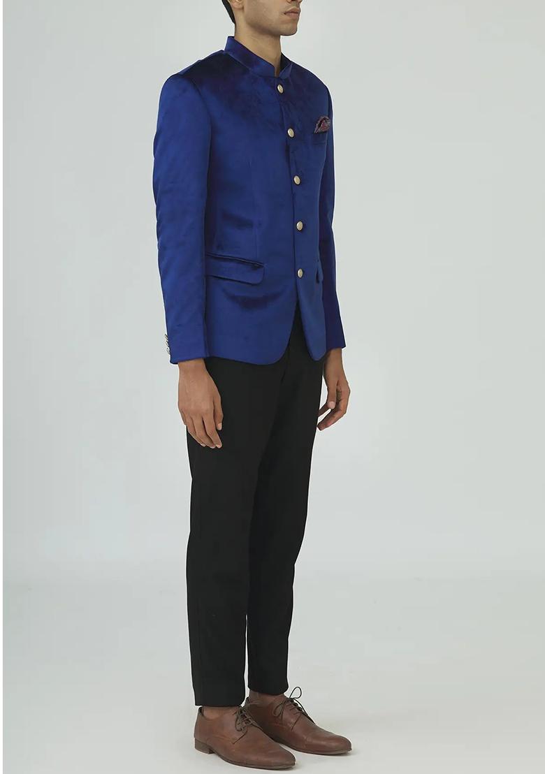 Blue Solid Cotton Bandhgala For Men