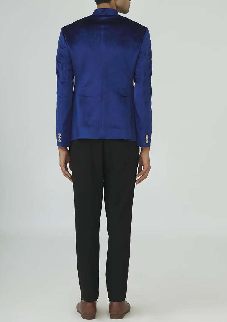Blue Solid Cotton Bandhgala For Men - Indya