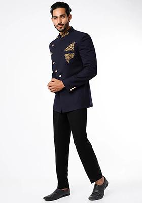 Black Embroidered Cotton Bandhgala For Men